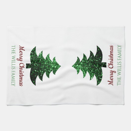 Sparkly Merry Christmas tree groen Familienaam Theedoek (Horizontaal)