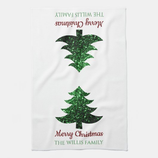 Sparkly Merry Christmas tree groen Familienaam Theedoek (Verticaal)