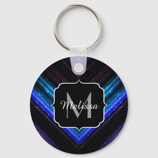 Sparkly metallic blue paarse chevron Monogram Sleutelhanger (Voorkant)
