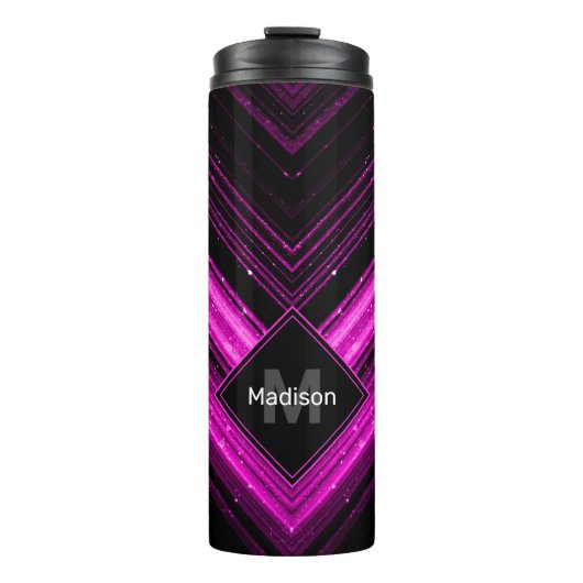 Sparkly metallic hot roze zwarte chevron Monogram Thermosbeker (Voorkant)