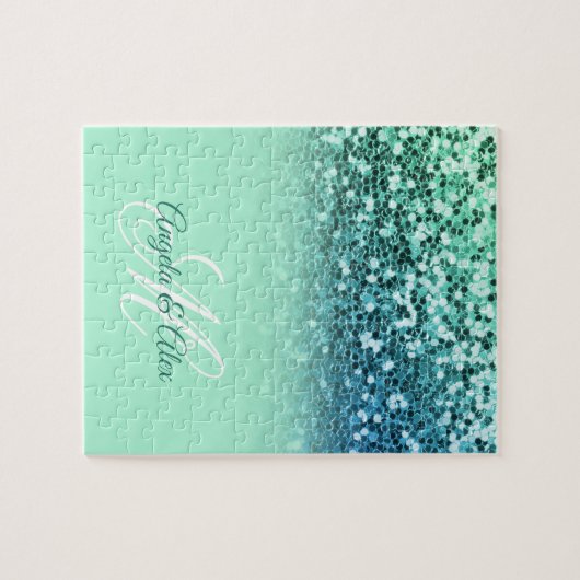 Sparkly Mint Blue Glitter Turquoise Ombre Monogram Legpuzzel (Horizontaal)