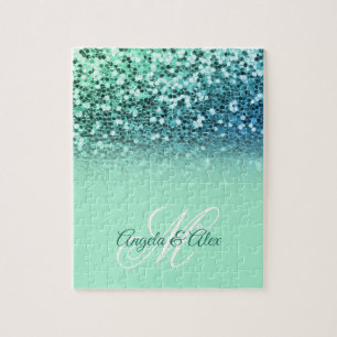 Sparkly Mint Blue Glitter Turquoise Ombre Monogram Legpuzzel