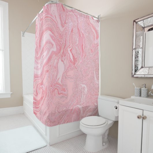 Sparkly Modern Blush Coral Pink Glitter Marble Douchegordijn (In situ)