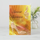 Sparkly Oranje muzieknotitie & Stiletto 16e verjaa Kaart (Staand voorkant)