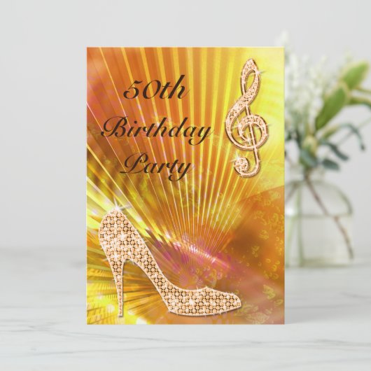Sparkly Oranje muzieknotitie & Stiletto 50ste verj Kaart (Staand voorkant)