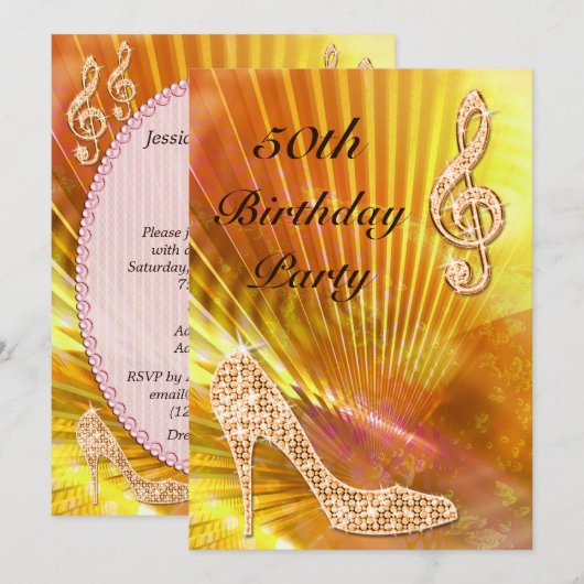 Sparkly Oranje muzieknotitie & Stiletto 50ste verj Kaart (Voorkant / Achterkant)