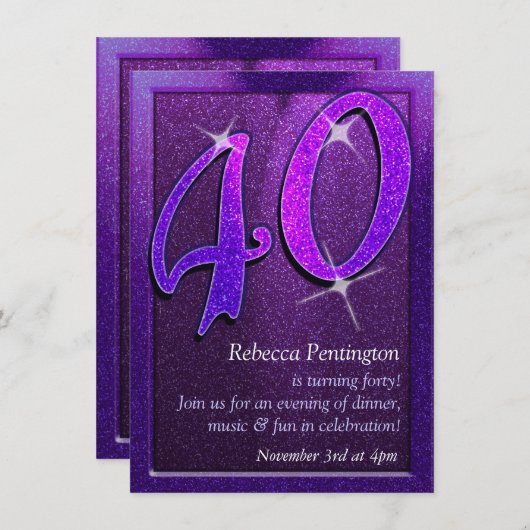 Sparkly Paars 40th Birthday Party Invitation Kaart (Voorkant / Achterkant)