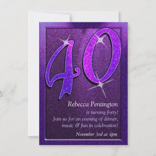 Sparkly Paars 40th Birthday Party Invitation Kaart (Voorkant)