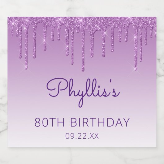 Sparkly Paars Glitter Drip 70th Birthday Party Sparkling Wijnetiket (Enkel label)