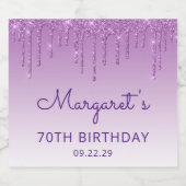 Sparkly Paars Glitter Drip 70th Birthday Party Sparkling Wijnetiket (Enkel label)