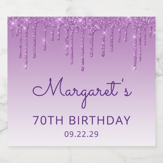 Sparkly Paars Glitter Drip 70th Birthday Party Sparkling Wijnetiket (Enkel label)