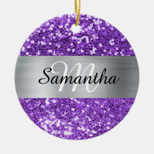 Sparkly Paars Glitter Silver Foil Monogram Keramisch Ornament