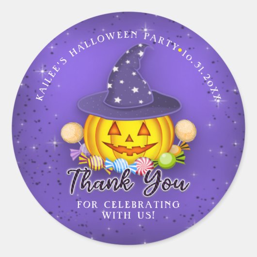 Sparkly Paars Halloween Pumpkin Dank je Ronde Sticker (Voorkant)
