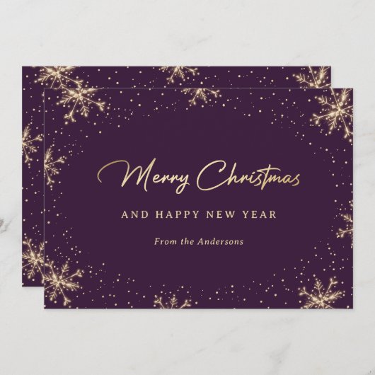 Sparkly Paarse en gouden sneeuwvlok Feestdagenkaart (Voorkant / Achterkant)