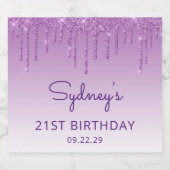 Sparkly Paarse Glitter Drip 21ste Verjaardagsfeest Sparkling Wijnetiket (Enkel label)