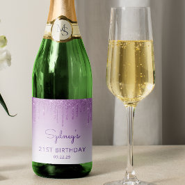 Sparkly Paarse Glitter Drip 21ste Verjaardagsfeest Sparkling Wijnetiket