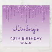 Sparkly Paarse Glitter Drip 40ste Verjaardagsfeest Sparkling Wijnetiket (Enkel label)