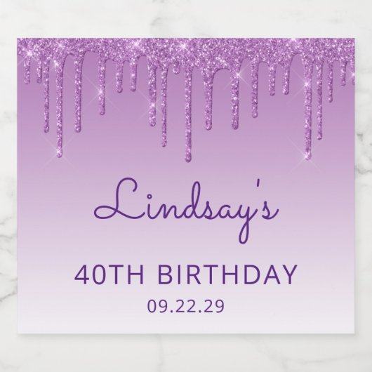 Sparkly Paarse Glitter Drip 40ste Verjaardagsfeest Sparkling Wijnetiket (Enkel label)
