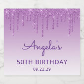 Sparkly Paarse Glitter Drip 50ste Verjaardagsfeest Sparkling Wijnetiket (Enkel label)