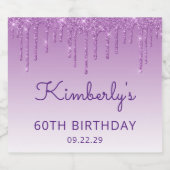 Sparkly Paarse Glitter Drip 60ste Verjaardagsfeest Sparkling Wijnetiket (Enkel label)