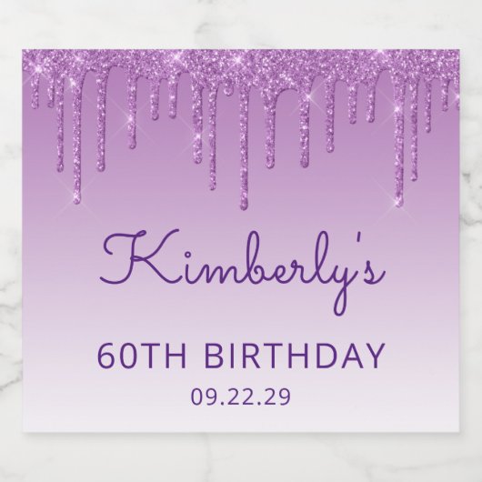Sparkly Paarse Glitter Drip 60ste Verjaardagsfeest Sparkling Wijnetiket (Enkel label)
