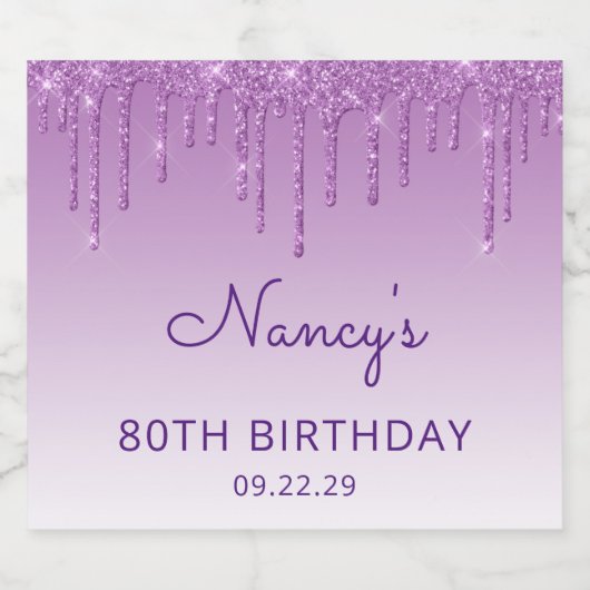 Sparkly Paarse Glitter Drip 80ste Verjaardagsfeest Sparkling Wijnetiket (Enkel label)