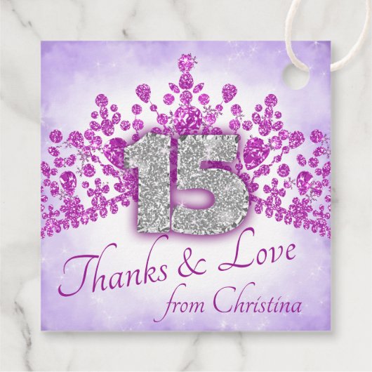 Sparkly Paarse & Roze Tiara Quinceanera Bedankjes Labels (Achterkant)