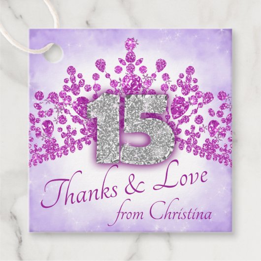 Sparkly Paarse & Roze Tiara Quinceanera Bedankjes Labels (Voorkant)