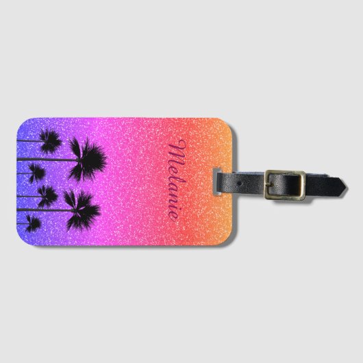 Sparkly Palm Treders Gradient Sunset Personalized Bagagelabel (Voorkant (horizontaal))