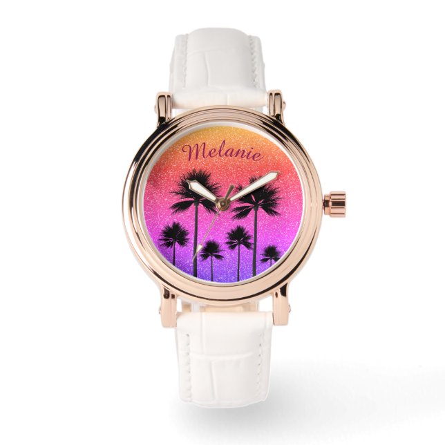 Sparkly Palm Treders Gradient Sunset Personalized Horloge (Voorkant)