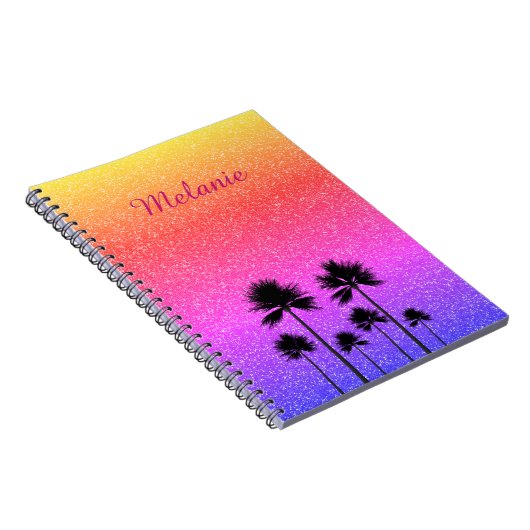 Sparkly Palm Trees Gradient Sunset Personalised Notitieboek (Rechterzijde)