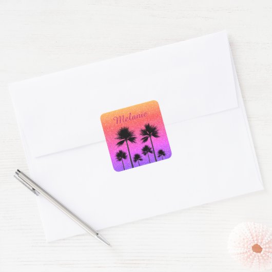 Sparkly Palm Trees Gradient Sunset Personalised Vierkante Sticker (Envelop)