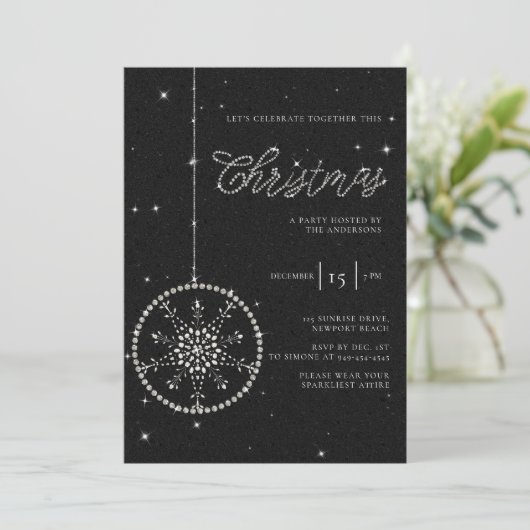 Sparkly Party Strass Glitter Zwart Kerstmis Kaart (Staand voorkant)