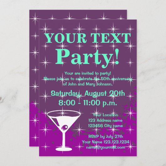 Sparkly party uitnodigingen met cocktailglas (Voorkant / Achterkant)