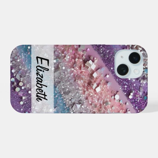 Sparkly Pastel Paarse, Blauwe, Roze & Zilveren Gli iPhone 15 Case (Achterkant horizontaal)