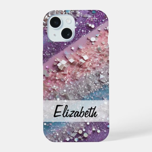 Sparkly Pastel Paarse, Blauwe, Roze & Zilveren Gli iPhone 15 Case (Achterkant)
