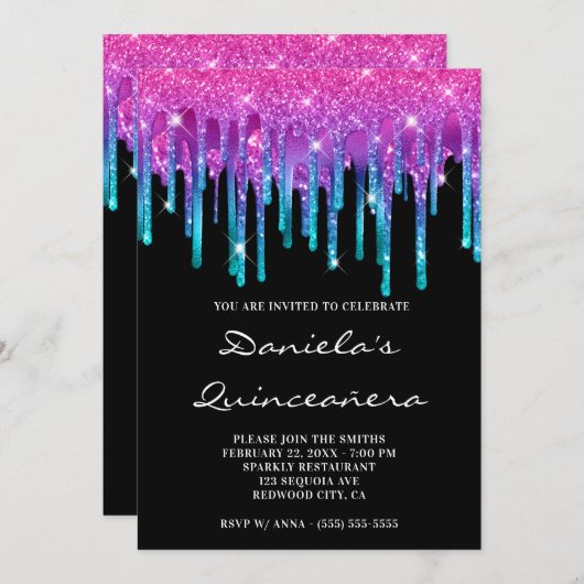 Sparkly Pink Blauwgroen gradiënt Drip Black Quince Kaart (Voorkant / Achterkant)