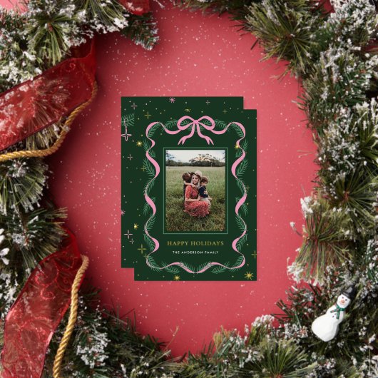 Sparkly Pink Bow Wreath Christmas Foil Card Folie Feestdagenkaart (Insitu)