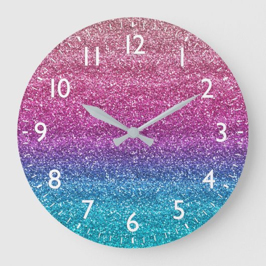 Sparkly Pink en Blue Gradient Glitter Grote Klok (Voorkant)