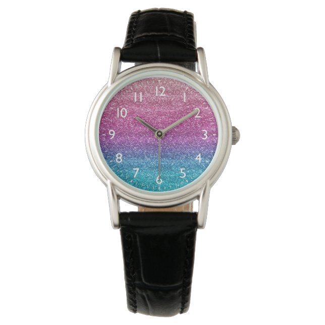 Sparkly Pink en Blue Gradient Glitter Horloge (Voorkant)