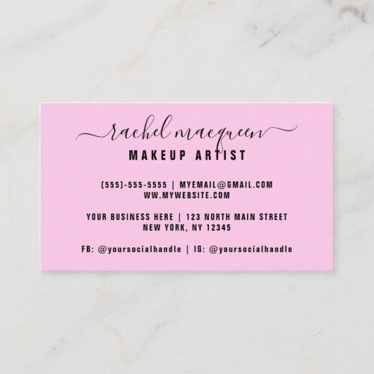 Sparkly Pink Glitter Typography Makeup Artist Visitekaartje (Achterkant)