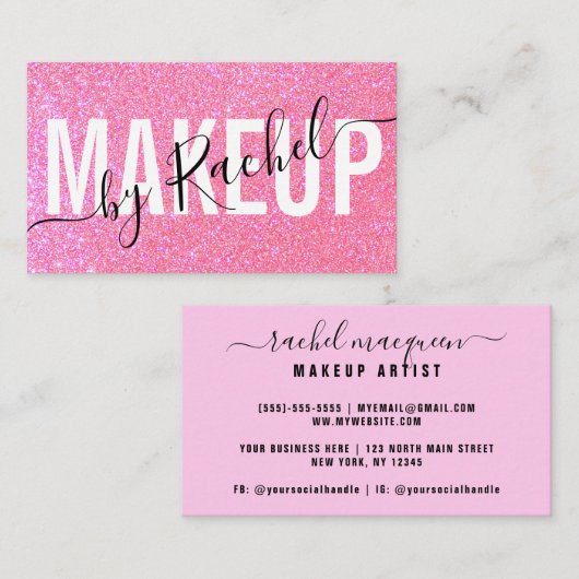 Sparkly Pink Glitter Typography Makeup Artist Visitekaartje (Voorkant / Achterkant)
