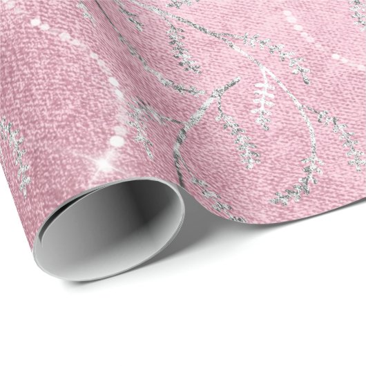 Sparkly Pink Laurel Floral Silver Diamonds Cadeaupapier (Rol Hoek)