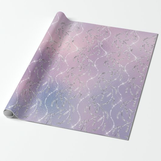 Sparkly Pink Lila Laurel Floral Silver Diamonds Cadeaupapier (Uitgerold)