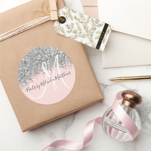 Sparkly Pink Silver Confetti Glitter Business Ronde Sticker (Geschenken)