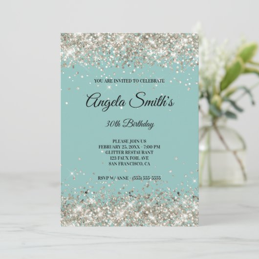 Sparkly Platinum Glitter Bleek Turquoise Monogram Kaart (Staand voorkant)