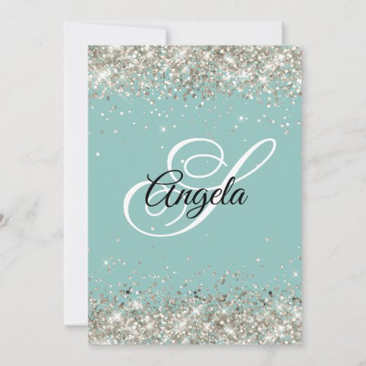 Sparkly Platinum Glitter Bleek Turquoise Monogram Kaart (Achterkant)