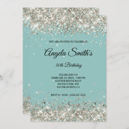 Sparkly Platinum Glitter Bleek Turquoise Monogram Kaart (Voorkant / Achterkant)