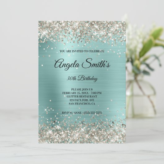 Sparkly Platinum Glitter Turquoise Folie Monogram Kaart (Staand voorkant)