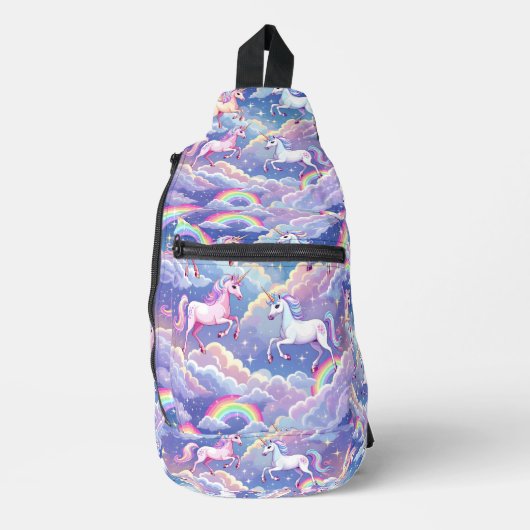 Sparkly rainbow and unicorns on clouds sling bag (Voorkant)